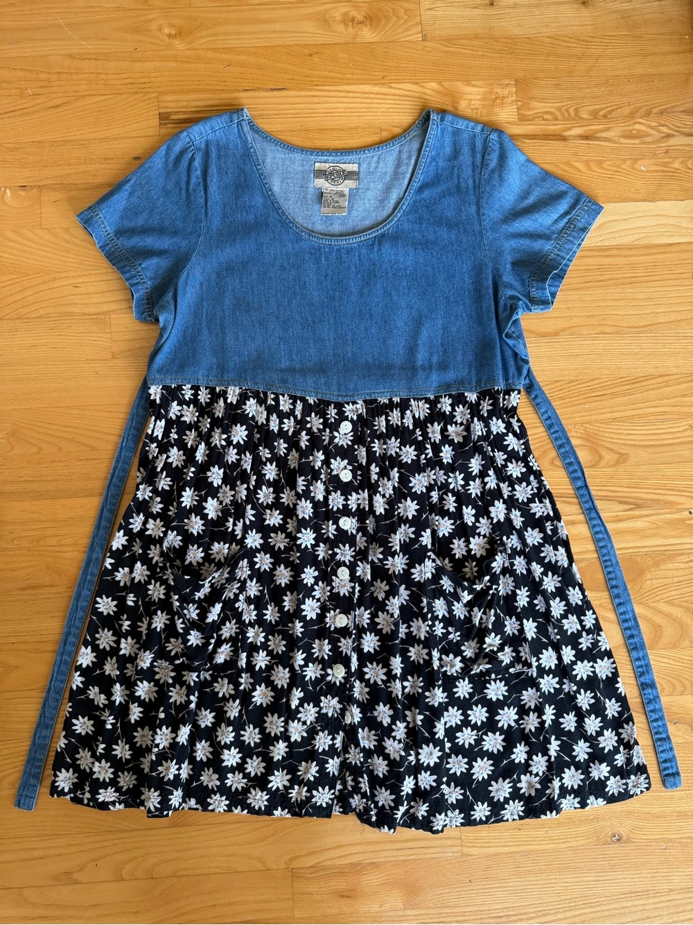 🌻 Vintage 90s Denim Republic Floral Daisy Babydoll Dress Top - Medium